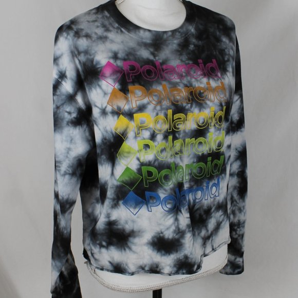POLAROID T-Shirt Woman Size XXL Black Tie Dye Cropped Long Sleeve Rainbow Logo - Picture 9 of 11